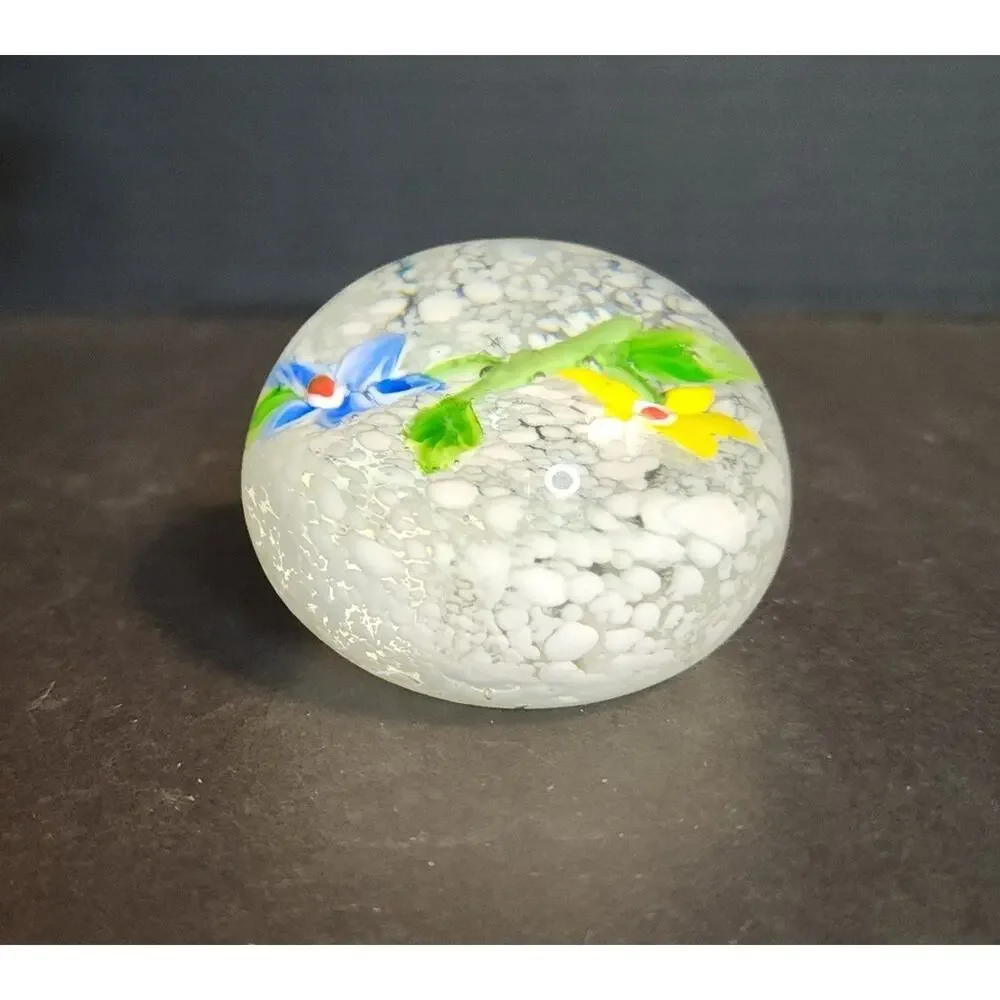 Vtg Art Glass Yellow Blue Flowers Snow Globe 2.5